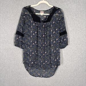 Mossimo Blouse Small Blue Floral Sheer Lace Flowy Boho‎ Peasant Puff Tunic Hi Lo
